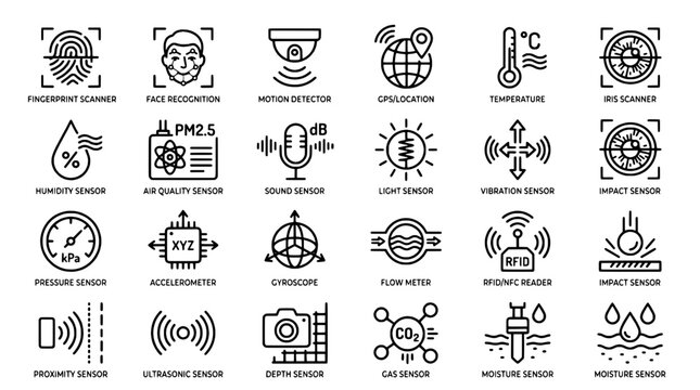 Sensor icons flat vector set showing air quality, motion detection, GPS location, temperature, pressure, and proximity monitoring