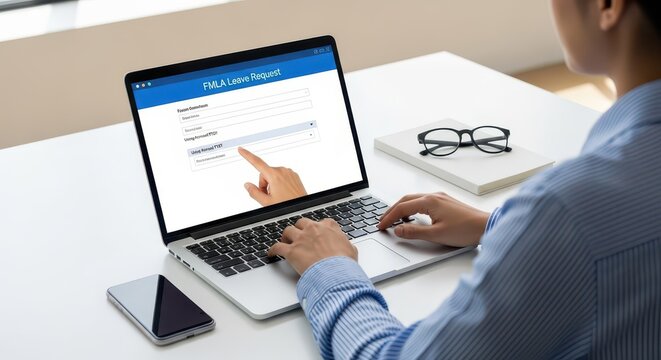 Employee Filling Out FMLA Leave Request Form Online on Laptop in a Bright Modern Office