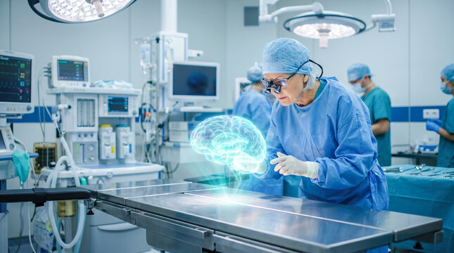 Professional female surgeon wearing blue medical scrubs examining glowing holographic human brain inside modern hospital operating room showcasing futuristic healthcare technology concept