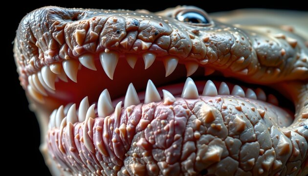 The image features a close up view of a realistic, detailed crocodile or alligator head. The focus is on the open mouth revealing sharp, pointed teeth and textured, scaly skin