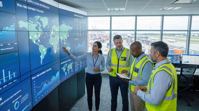 Diverse logistics team discussing global supply chain optimization strategies while analyzing world map data on massive digital dashboard inside modern port control center