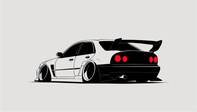 White stanced sports car with a large spoiler and prominent red taillights.

