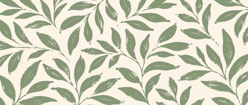 Elegant botanical seamless pattern featuring textured sage green leaves on a light beige background. Perfect for textile design and home decor.