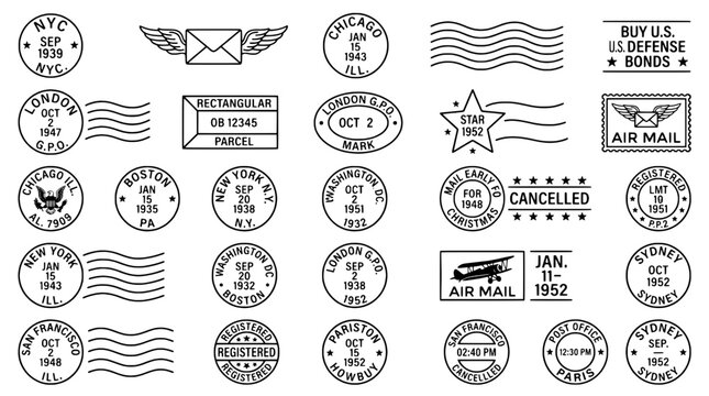 Vintage postal stamp seals set with air mail, cancellation dates, wavy cancellation lines, and registration marks