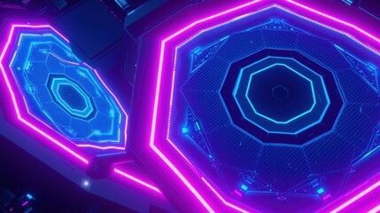 Fototapeta premium Neon hexagons glow, creating futuristic tunnel effect. Bright blue, purple lights dominate dark background. Complex geometric patterns visible.