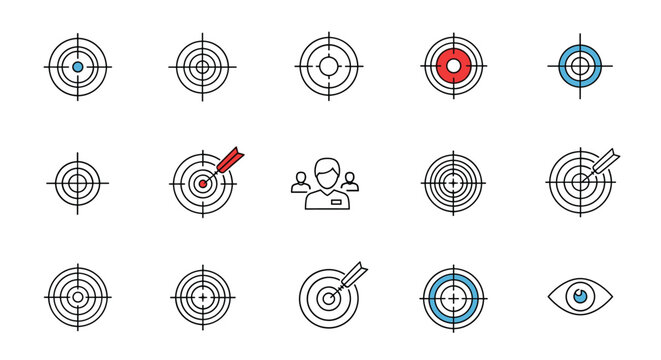 Comprehensive set of target and precision icons including dartboards, arrows, human silhouettes, and eye symbols for business strategy.