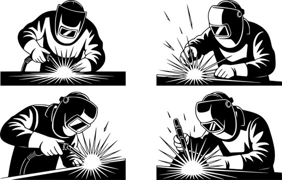 Welder Worker Silhouette Set with Sparks Black and White Vector Illustration &mdash; Industrial Metalwork Trade Graphic for T-Shirt, Branding, Safety Poster, and Construction Design