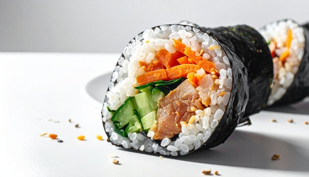 Close up cross section of Korean kimbap seaweed rice rolls filled with carrot, cucumber, spinach, and beef, wrapped in nori on white background. 