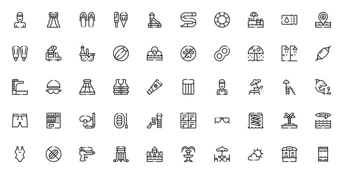 Water park icon set. Minimal line icons pack. Featuring swimmer, slide, ice cream, beach ball, rubber ring, water park and more. Editable stroke.