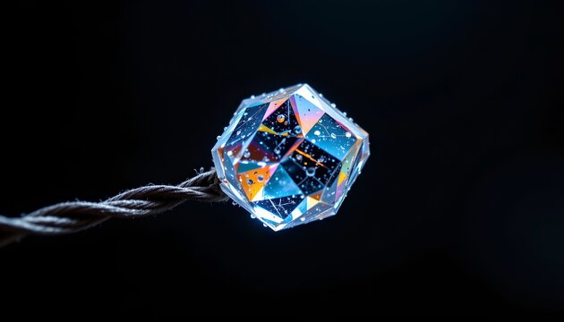 The image features a close up of a geometric, multi faceted object resembling a crystal or gemstone illuminated by internal and external lights