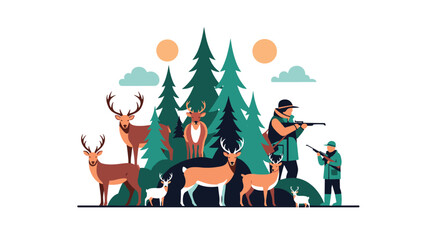 Fototapeta premium Hunting scene illustration with hunters and dogs among a group of deer in a stylized green forest under two suns.