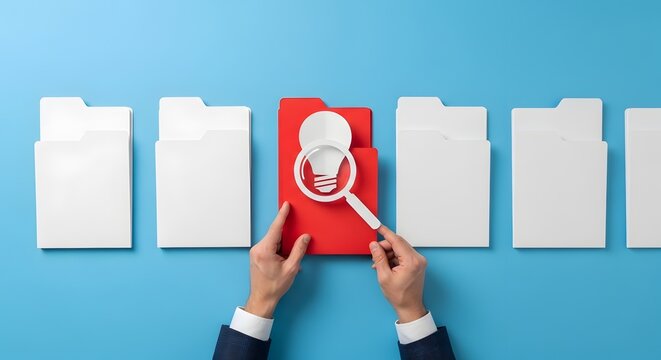 Human hands examine red folder containing lightbulb symbolizing search for innovative ideas