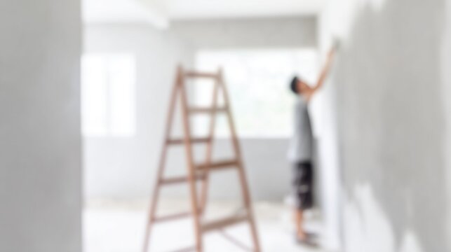 Worker applies plaster to wall inside a room during home renovation project
