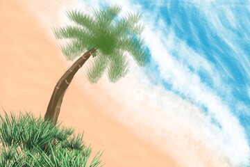 Digital painting of a tropical beach shore with a leaning coconut palm tree and ocean waves hitting the sand © MdMofizul