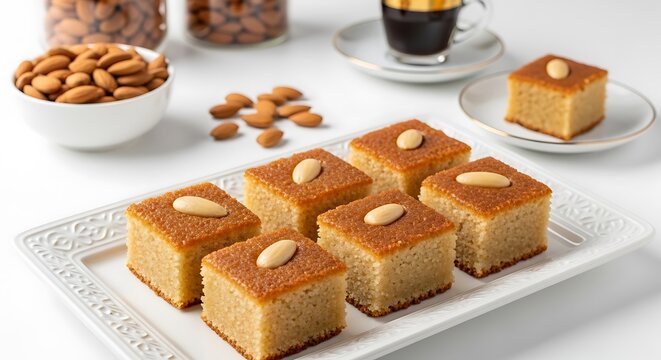 Delicious basbousa dessert squares with almonds on a white plate and background