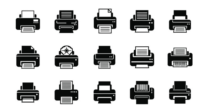 Large assortment of printer icons in black silhouette showing various printer types and paper handling for office technology.