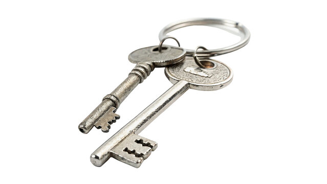 A set of old metallic keys on a round key ring for security and access isolated on transparent background cut out