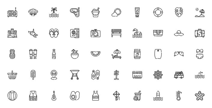 Summer Holidays icon pack. Minimal vector illustrations. Featuring beach, sun, ice cream, cocktail, snorkel, shell, shark, surf, starfish, and more.