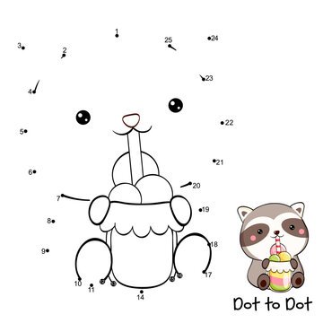 Connect The Dots and Draw Cute Raccoon. Dot to dot puzzle - little raccoon drinking a smoothie through a straw. Educational Game for Kids. Drawing for Preschool children. Vector Illustration EPS8