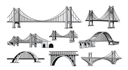 Fototapeta premium Set of architectural bridge sketches featuring various suspension and arch designs in black and white line art for engineering projects.