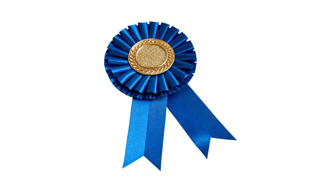 A luxury blue textile award ribbon rosette badge for championship first place winners isolated on transparent background cut out