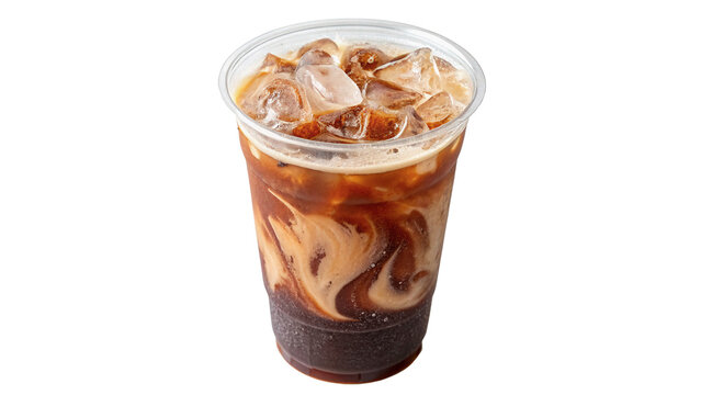 A refreshing iced coffee latte beverage in a clear disposable plastic takeaway cup container isolated on transparent background cut out