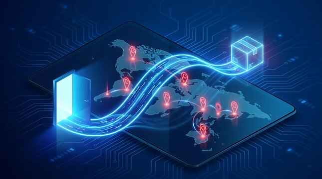 Global logistics concept with world map digital interface smart delivery technology transportation and connected commerce showing shipment routes from gateway to package.
