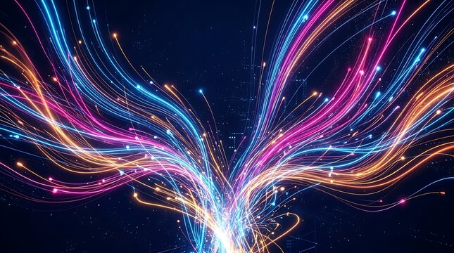 Abstract Digital Data Streams Flowing Upwards with Glowing Particles on Dark Background