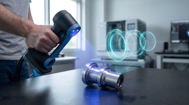 A person using a 3D scanner to scan a metal object on a table in a modern laboratory setting.
