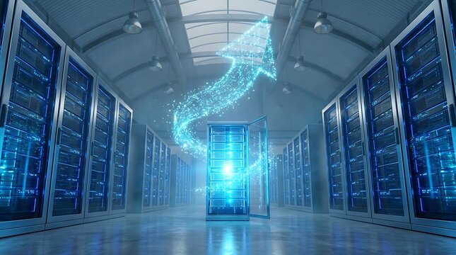 Server room with glowing blue light vortex and arrow signifying data flow for cloud AI and digital transformation in a futuristic data center environment.