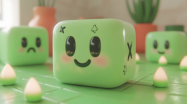 Cute 3D Green Cube Characters Kawaii Blush Faces Gaming Icons Isometric Render