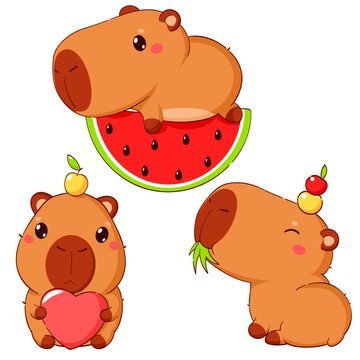 Baby collection of little capybara in different poses. Sweet baby animal in kawaii style. Set of cute cartoon pet. Can be used for t-shirt print, sticker, badge, greeting card design. Vector EPS8