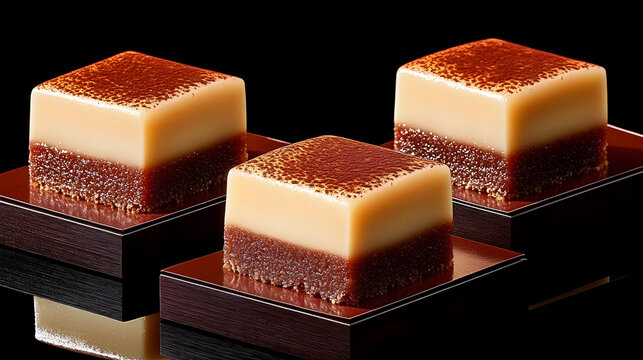 Creamy caramel desserts, square cakes, brown caramelized sugar, creamy texture, sweet treats