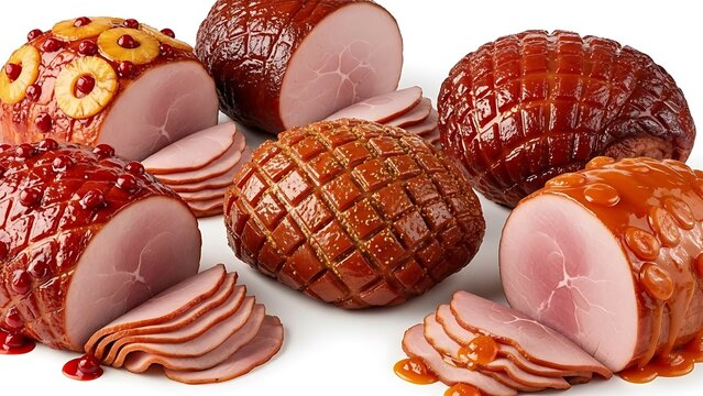Assortment of Delicious Glazed Hams Ready for Holiday Feasts.