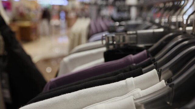 Clothes hanging on hangers in a shopping mall store. Close-up of modern t-shirts and hoodies on a clothing rack at a retail shop boutique. Fashionable lifestyle and garment stock video footage.