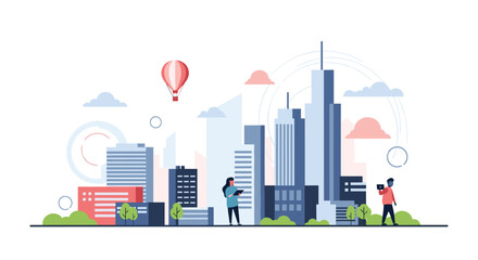 Obraz premium Modern city landscape featuring tall skyscrapers under a hot air balloon with people using digital tablets outdoors.