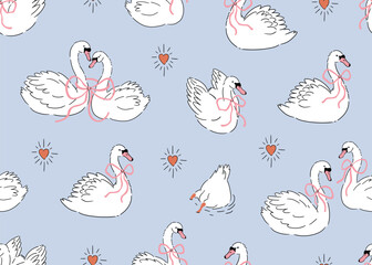 Cute love cygnet seamless pattern in tattoo style Vector white swans with pink bows on blue background.  wedding background or Bird illustration for valentines day  © Utro na more