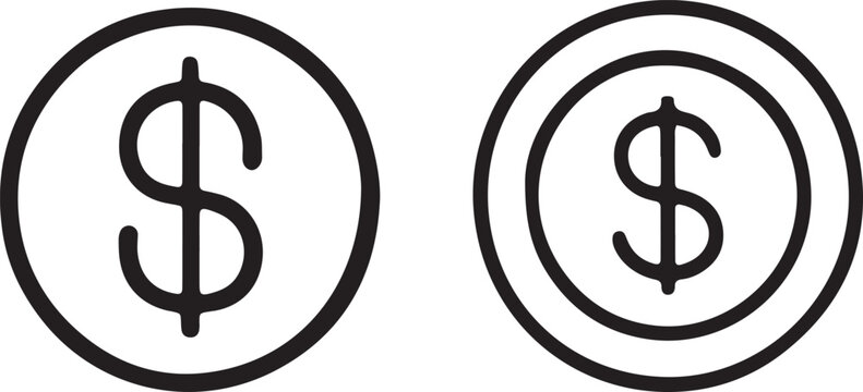 Dollar with coin money and currency in outline style icons set for finance and bank financial