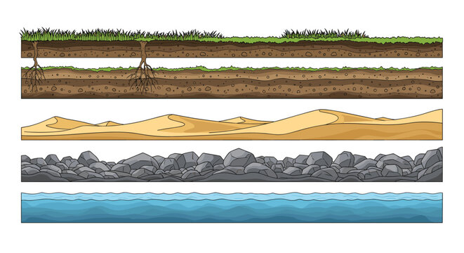 Geologic layers set showing cross sections of grassy soil with roots, sandy desert dunes, rocky terrain, and blue water.