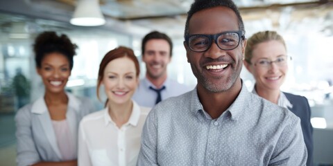 Fototapeta premium Young woman with tablet smiles confidently in a modern office setting with a cityscape background, showcasing professionalism and innovation in the workplace