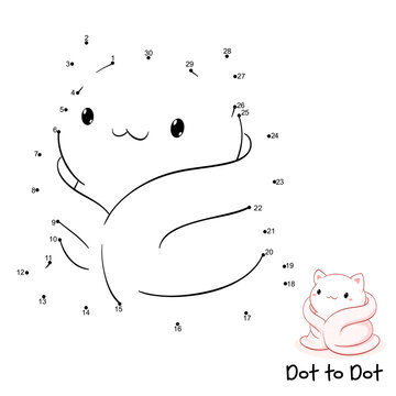 Connect The Dots and Draw Cute Cat. Dot to dot puzzle - cartoon little kitty. Educational Game for Kids. Drawing for Preschool children. Vector Illustration EPS8