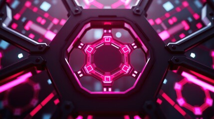 Fototapeta premium Futuristic tunnel, glowing pink neon lights, complex geometric shapes. Dark background creates depth, symmetrical design.