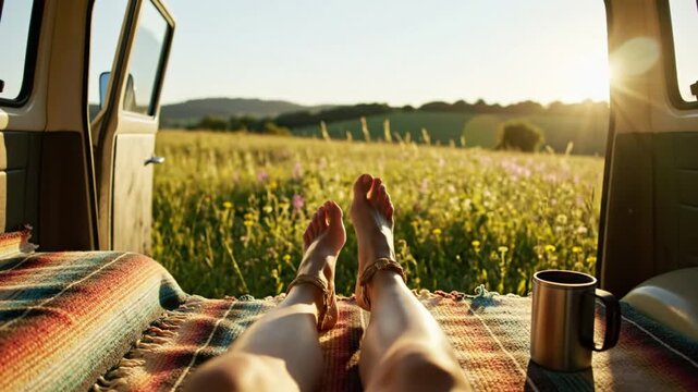 Relaxing and enjoying the summer afternoon by watching the field with flowers from the back of the van