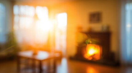 Fototapeta premium Warm light fills a living room from a fireplace during late afternoon