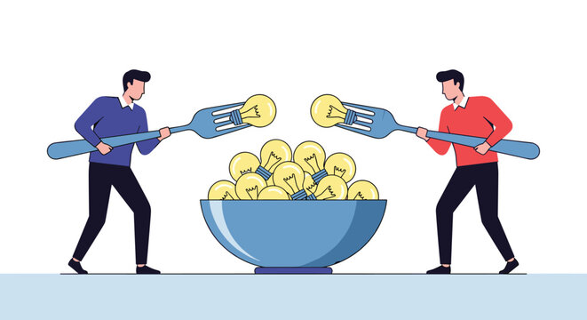 Two professional men using giant forks to pick out glowing lightbulbs from a large blue bowl to signify harvesting creative ideas.
