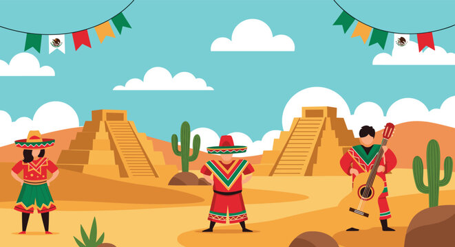 Traditional Mexican landscape featuring ancient pyramids, cacti, and people in colorful ponchos and sombreros with a guitar.