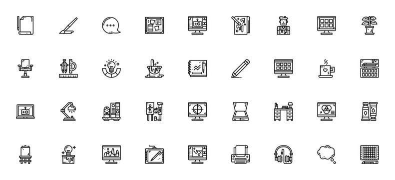 Cartoonist icon set. Minimal linear icons. Artist vector pack. Includes symbols for paper, brush, speech bubble, sketchbook, pencil, colour and more.
