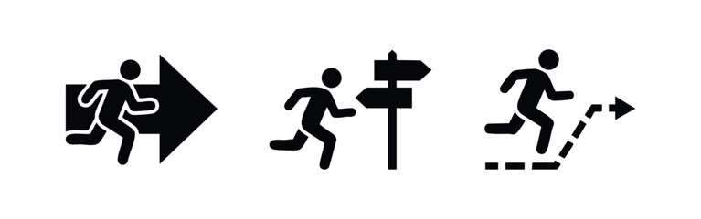 Running person and direction signpost icon set. © Lili