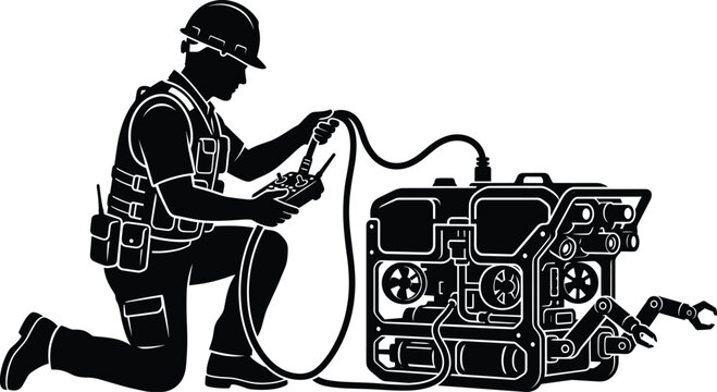 Detailed black vector silhouette of a marine engineer kneeling to deploy a remotely operated underwater vehicle using a remote control console