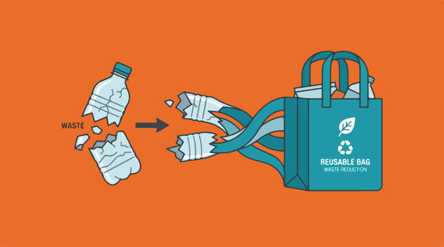 Illustration showing plastic waste recycling into reusable shopping bags.